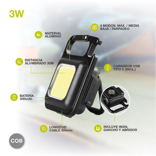 Mini Lanterna Portátil em Led 3W 80Lm com Iman com Carregador USB 201825012