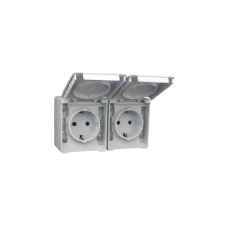 Tomada Schuko Dupla Horizontal Estanque Cinza
