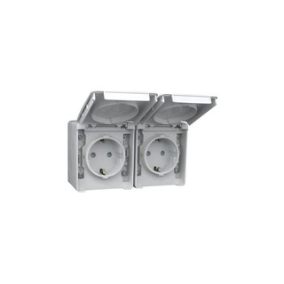 Tomada Schuko Dupla Horizontal com Obturador Estanque Cinza
