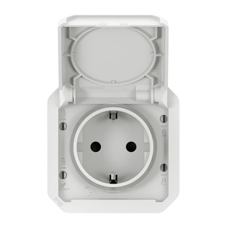 Tomada 2P T Schuko Com Obturador Encastar Plexo IP55 Branco