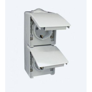 Tomada Schuko Saliente Dupla Vertical Estanque IP65 Cinza